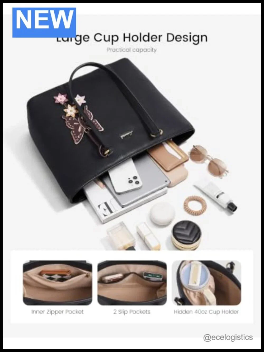 Vegan Leather Tote Bag for Women with Detachable Butterfly Pendant & Water